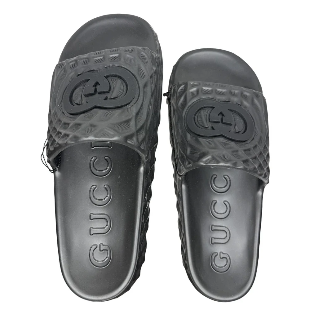 Gucci Slide Sandals Mens 13 Black Rubber Water Ripple Interlocking G Logo 770801